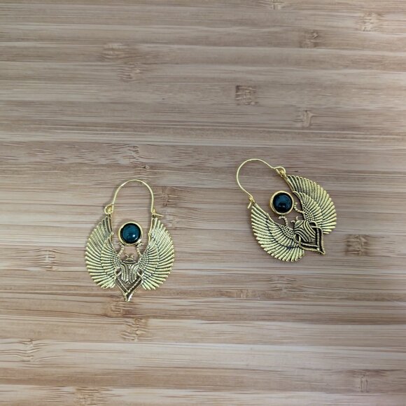 Vintage Style Scarab Beetle Earrings with Green Stone - Picture 1 of 1
